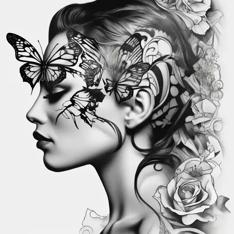 a butterfly half side with womans face half sleeve tattoos for men